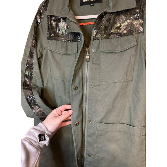 Madden NYC Women's Jacket SZ Small Olive Zip Military Style Sequin Long Sleeve - Picture 6 of 8